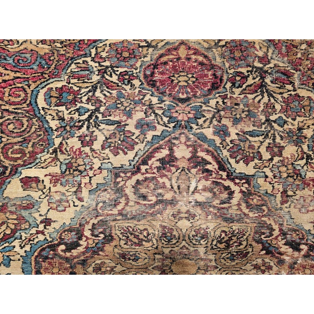 Persian 19th Century Kerman Lavar Rug, Hand-Knotted Wool, Floral Pattern, Ivory & Red, 4x5 For Sale - Image 3 of 18