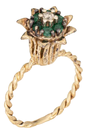 1960s Emerald Diamond Tulip Ring Vintage 14k Yellow Gold Stacking Band Estate Jewelry, Size 5.75