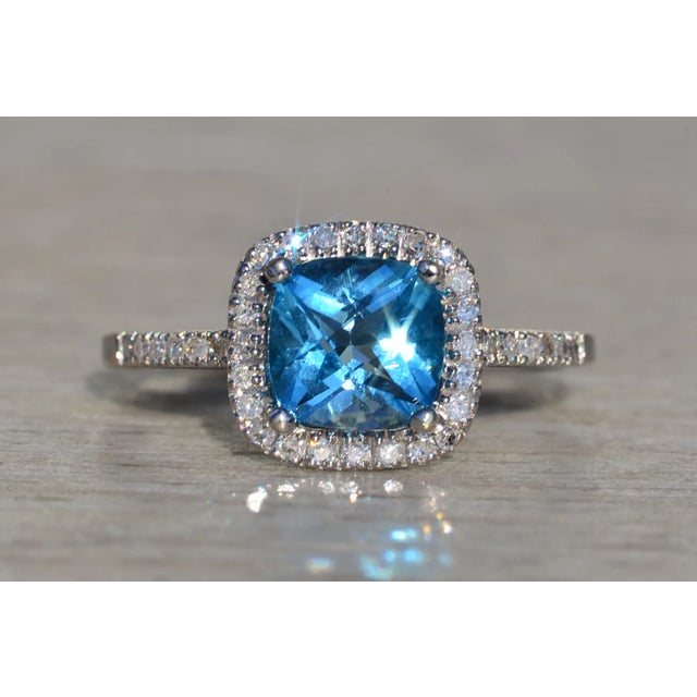 Contemporary The San Bruno: Ladies 14K Checkerboard Cushion Cut Topaz and Diamond Halo Ring For Sale - Image 3 of 10