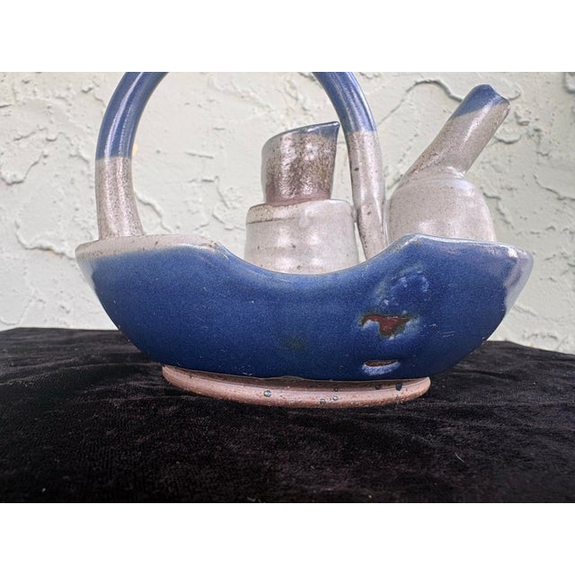 Gray Mid-Century Studio Art Pottery Pouring Vessel – Blue & Beige Stoneware Cruet Form For Sale - Image 8 of 11
