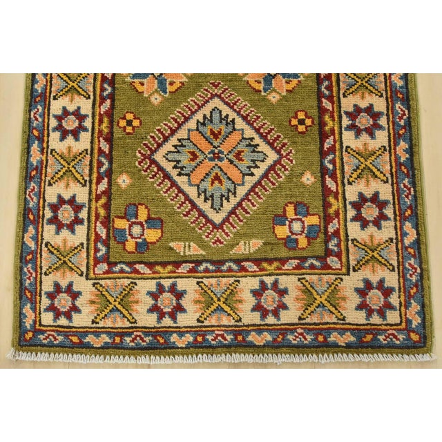 Textile Kazak Runner 2’1” X 5’11” Green Wool Tribal Hand-Knotted Oriental Rug For Sale - Image 7 of 10