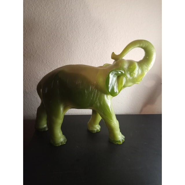 Green 1960s Chinese Natural Xiu Green Jade Carved Lucky Trunk-Up Elephant Sculpture For Sale - Image 8 of 8