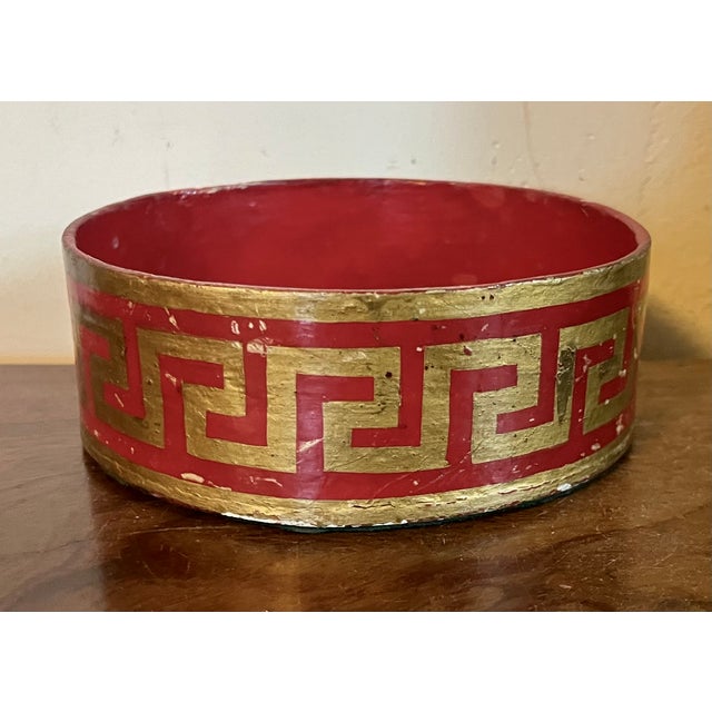 English Antique Early 19th Century English Regency Red Lacquer Wine Bottle Decanter Coaster With Gilt Greek Key Design For Sale - Image 3 of 10