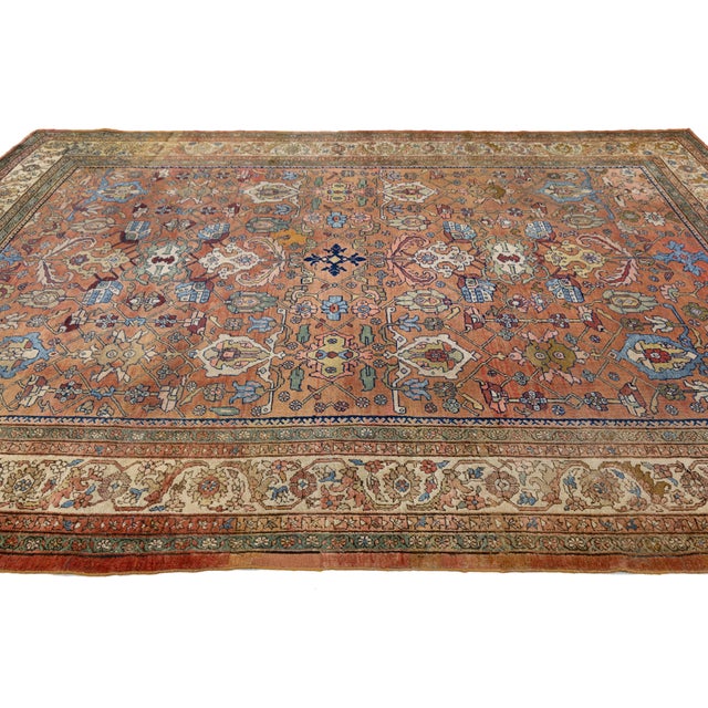 1940s Vintage Hand-Knotted Mahal Area Wool Rug – Rustic Red & Navy Blue Floral For Sale - Image 5 of 9
