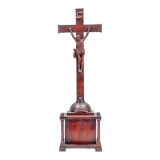 Late 18th Century German Memento Mori Mahogany Veneered Handcarved Crucifix With Skulls For Sale