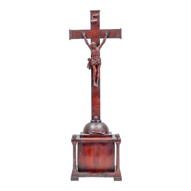 Late 18th Century German Memento Mori Mahogany Veneered Handcarved Crucifix With Skulls For Sale