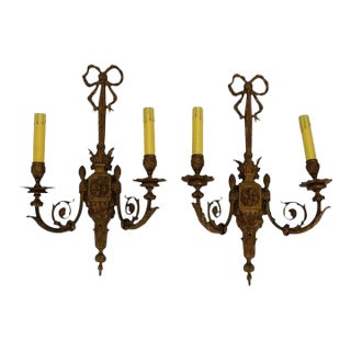 Pair of Antique Louis XIV Style Gilt Bronze 2-Light Sconces C1920 For Sale