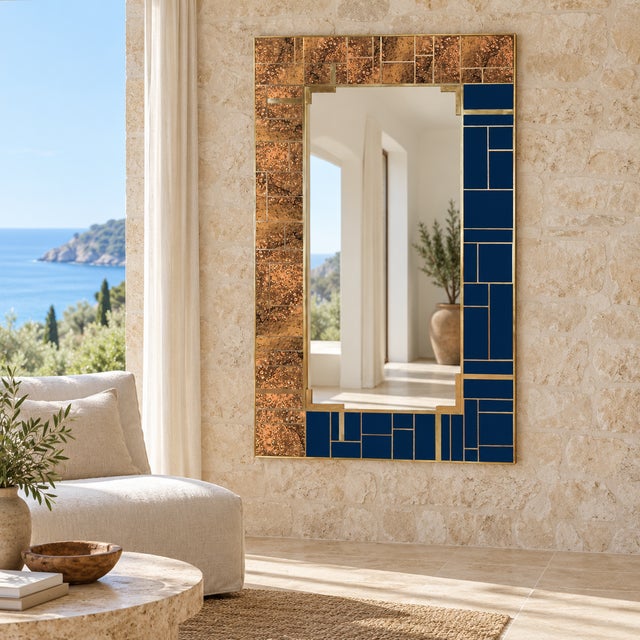 Blue Wall Mirror with Dotted Brass and Blue Murano Glass from Justfurnituress SRL For Sale - Image 8 of 9