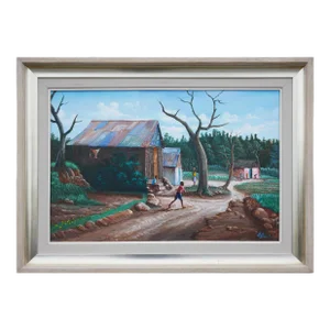 Late 20th Century Late 20th Century Modern Green & Brown Rural Village Landscape Painting With Playing Children By