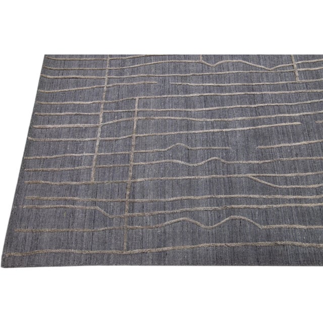 Contemporary Texture Handmade Charcoal Wool & Viscose Rug For Sale - Image 4 of 8