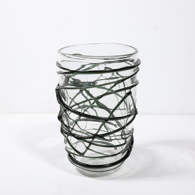 Green Hand-Blown Murano Glass Vase With Organic Viridian Green Sculptural Striations For Sale - Image 8 of 14