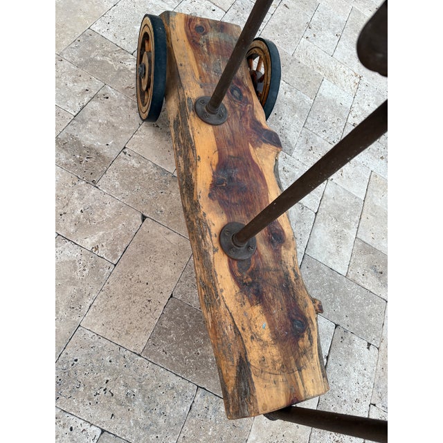 1990s Handcrafted Raw Edge Cedar Wood Industrial Cart For Sale - Image 4 of 11