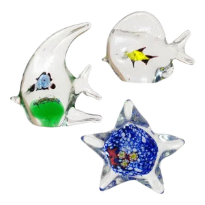 Murano Style Vintage Fish Within Fish Star Fish Aquarium Paperweights Figurines Sculptures - Set of 3
