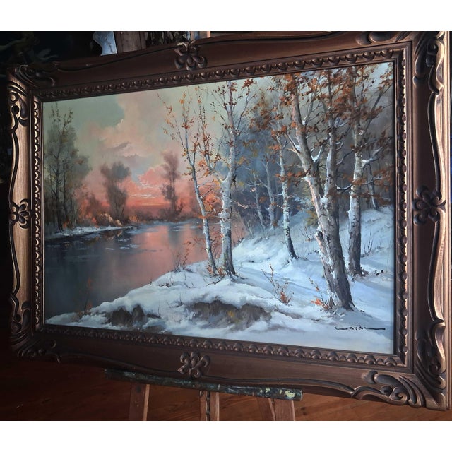 Capture the quiet, magical beauty of a winter evening with this stunning oil painting signed by the artist Cardi. The...