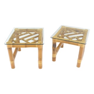 Pair Thick Bamboo Glass Top Rectangle Glass Top End Side Lamp Tables MINT For Sale