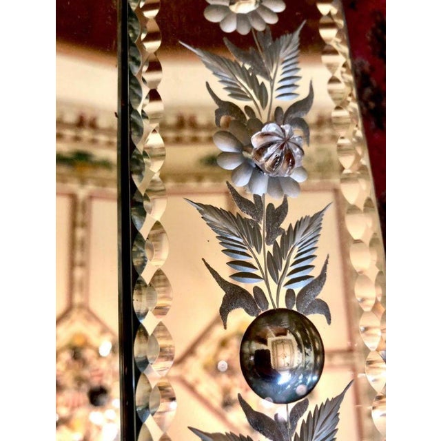 Wood Antique Venetian Opulent Murano Glass Mirror with Engravings and Beveled Edges, 1920s For Sale - Image 7 of 11