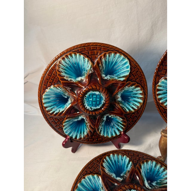 Mid 20th Century Vintage French Vallauris Majolica Oyster Plate Brown Blue Mid Century Seafood Platters-3 Plates For Sale - Image 5 of 11