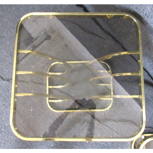 Mid-Century Modern Mid 20th Century Brass Smoked Glass Side Tables - 2 Pieces For Sale - Image 3 of 7