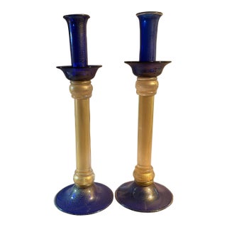 Vintage Murano Art Glass Large Blue and Gold Candlesticks Signed For Sale