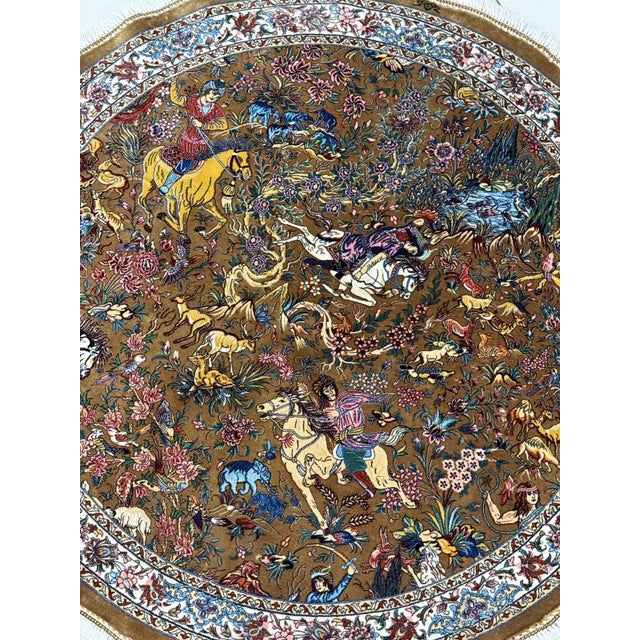 Exquisite Silk Round Rug With Imperial Hunting Scene Carpet For Sale - Image 16 of 18