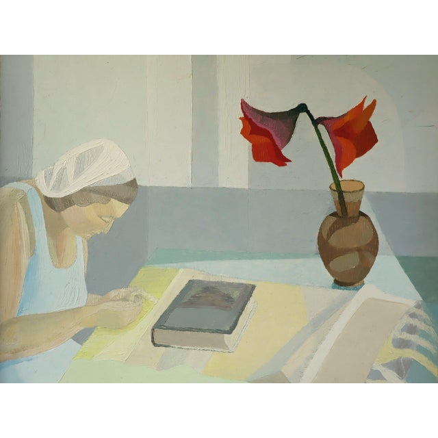 Paint 1953 Mid-Century Modern 'Figure and Flowers' Vintage Swedish Interior Figurative Oil Painting, Framed For Sale - Image 7 of 10