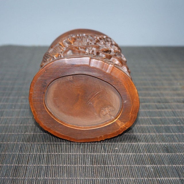 Brown Vintage Chinese Boxwood Carved "Eight Horses" Brush Pot - 333g For Sale - Image 8 of 9