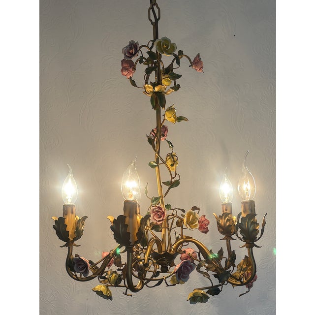 Italian Metal and Porcelain Flower Chandelier, 1940s For Sale - Image 13 of 17