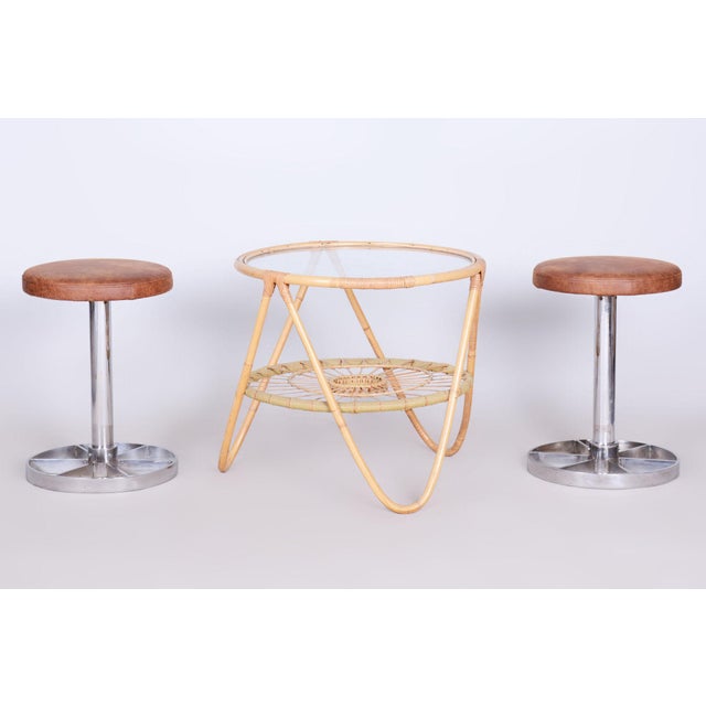 Brown Small Mid-Century Table in Rattan and Glass attributed to Alan Fuchs for Uluv, Former Czechoslovakia, 1940s For Sale - Image 8 of 9