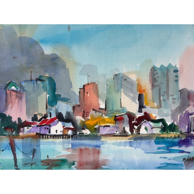 Impressionist Vintage California Watercolor Painting San Diego Cityscape Bay View For Sale - Image 3 of 7
