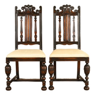 Berkey & Gay Antique English Jacobean Carved Walnut Side Chairs or Dining Chairs, Pair For Sale