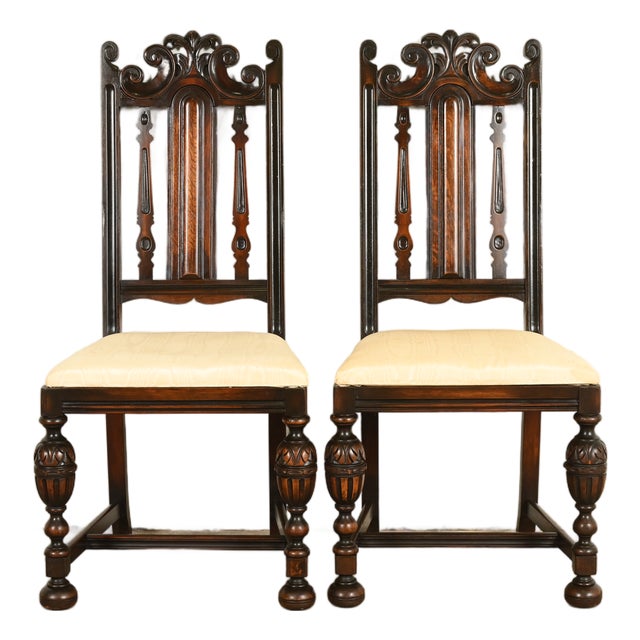 Berkey & Gay Antique English Jacobean Carved Walnut Side Chairs or Dining Chairs, Pair For Sale