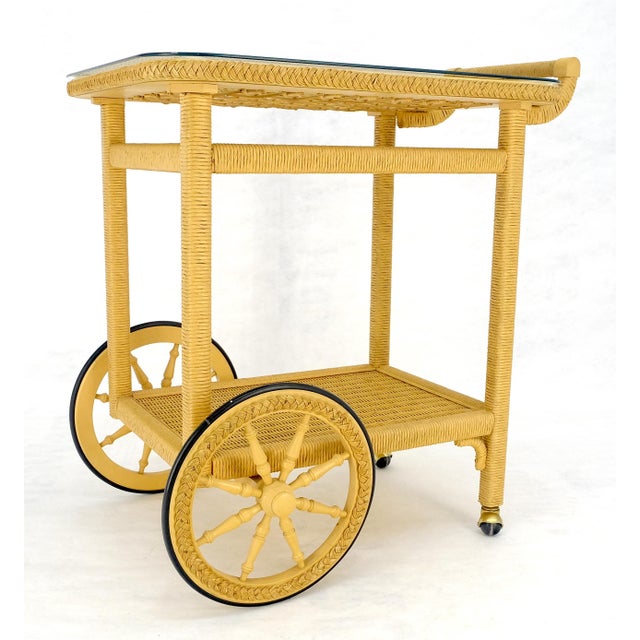 Mint c1960s Mid Century Modern Blond Wicker Serving Table Bar Cart For Sale - Image 9 of 15