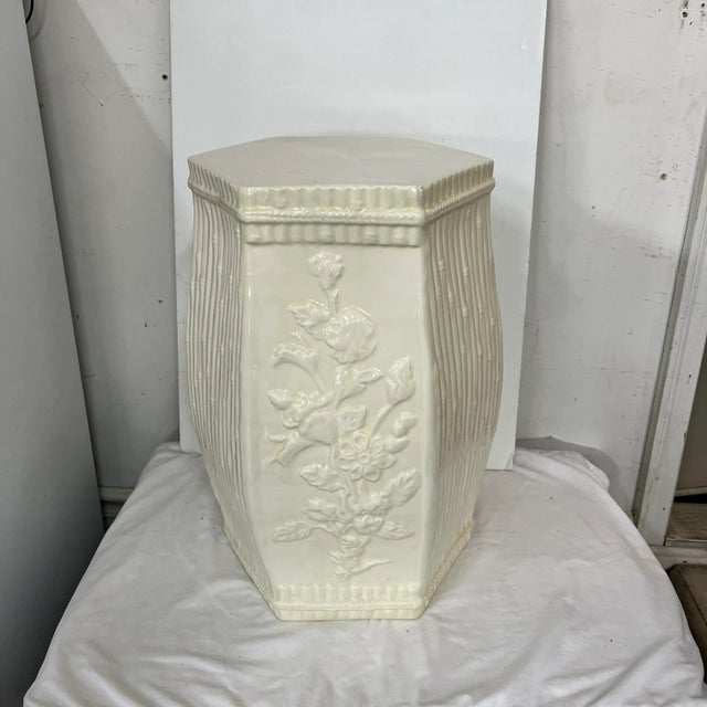 Chinoiserie White on White Bamboo and Floral Garden Stool For Sale - Image 6 of 6