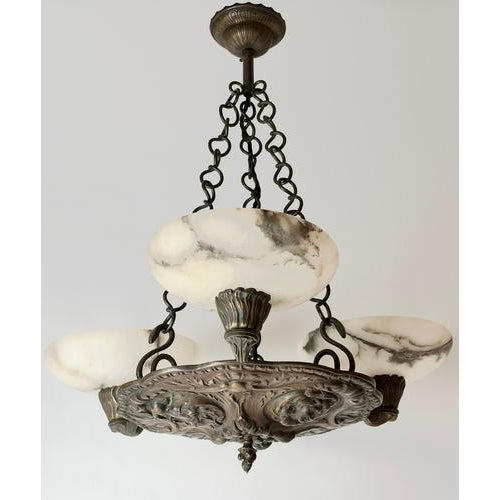 Antique Renaissance Revival Bronze and Alabaster Chandelier with Serpent Details, 1900 For Sale - Image 18 of 18
