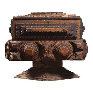 Antique Two Tiered Lidded Pedestal Tramp Art Box With Champions Decoupage For Sale