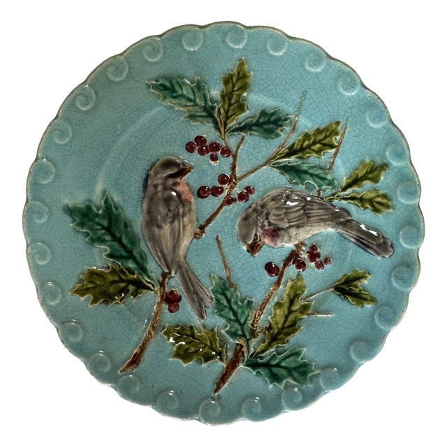 Vintage Earthenware Plate with Bird Motif For Sale