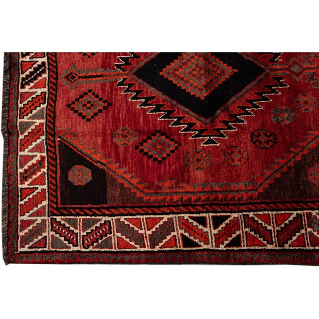 Vintage Handmade Persian Red Geometric Wool Rug 5'5" X 9'1" For Sale - Image 4 of 11