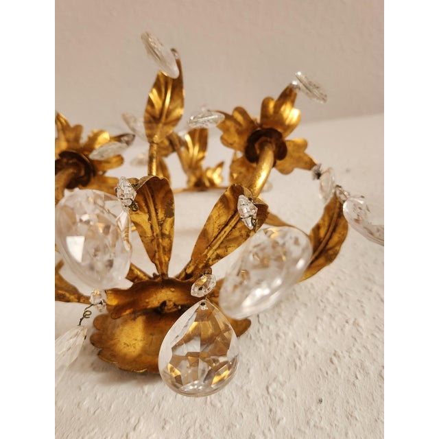 Hollywood Regency Hand-Forged Gold Leaf Gilded Floral 2-Light Wall Lamp with Crystals, 1950s For Sale - Image 11 of 18
