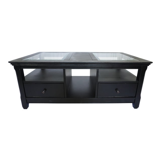 Modern Black Coffee Table – Glass Top, 2 Drawers, Freshly Refinished For Sale
