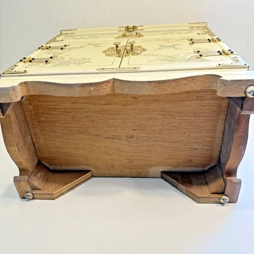 Vintage Large Japanese Cream Lacquer Wood Jewelry Box 3 Drawers, Lift Top With Two Locks For Sale - Image 12 of 13