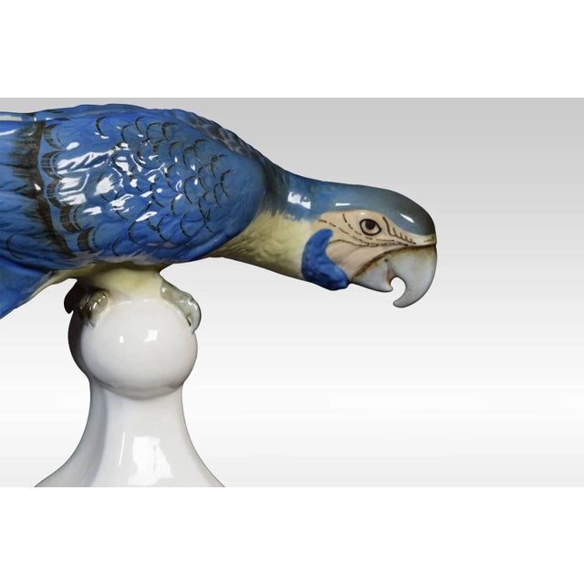 Royal dux ceramic statue of a blue macaw, perched on a stand in typical inquisitive stance. Having a pink triangle to...