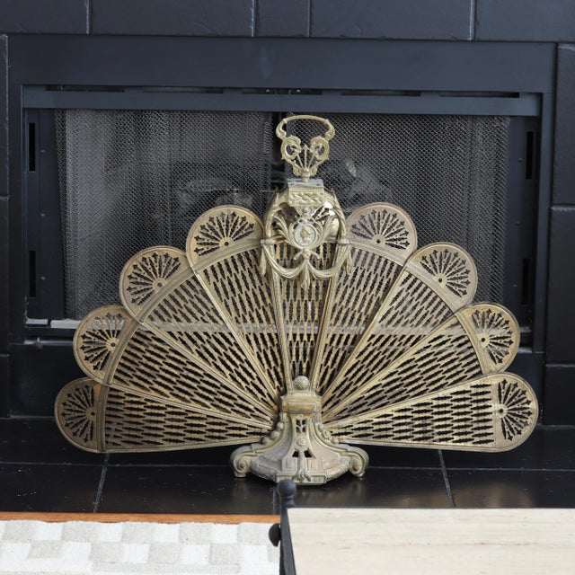 Vintage Peacock Fan Fireplace Screen With Victorian Cameo For Sale - Image 4 of 8