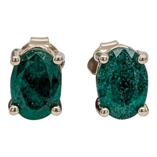 Oval Shape 7x5mm - Zambian Emerald Solitaire Studs in Solid 14k White Gold - Set of 2 For Sale