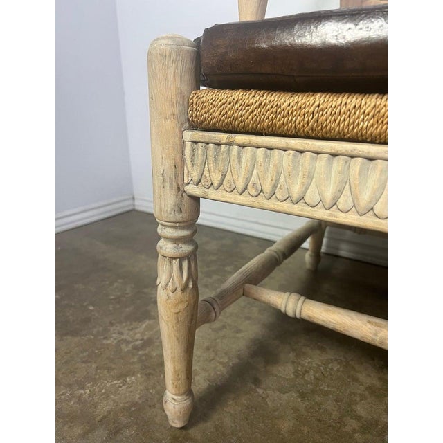 French Provincial Style Bench W/ Rush Seat & Leather Cushion For Sale - Image 15 of 16
