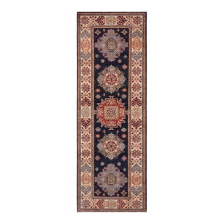 Bohemian Kazak Karina Blue/Beige Wool Runner Rug- 2'8''x7'9'' For Sale