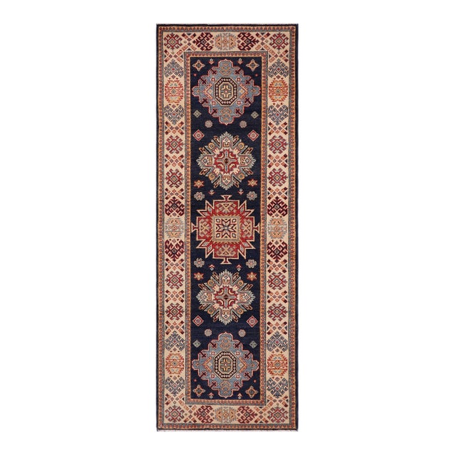 Bohemian Kazak Karina Blue/Beige Wool Runner Rug- 2'8''x7'9'' For Sale