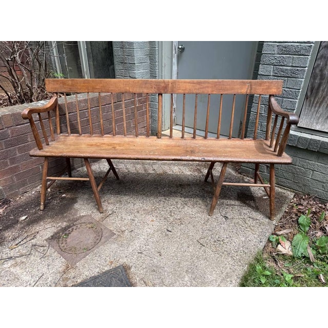 Antique Early American Primitive Windsor style solid pine deacon bench Solid wood frame , spindle back , peg legs Sturdy...