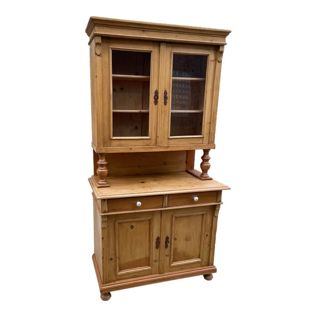 Vintage European Waxed Pine Cupboard With Glass Doors on Top For Sale