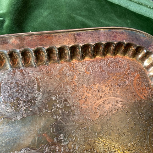 1970s 1970s Large Footed Silver Serving Tray With Etchings For Sale - Image 5 of 11