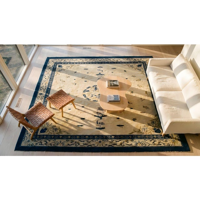 Beige Field Navy Border With Lovely Detail of Quin Style Antique Chinese Peking Rug For Sale - Image 15 of 15